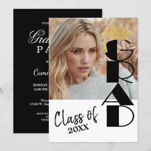 Convite Graduação de Fotos em Preto e Dourado Clássico