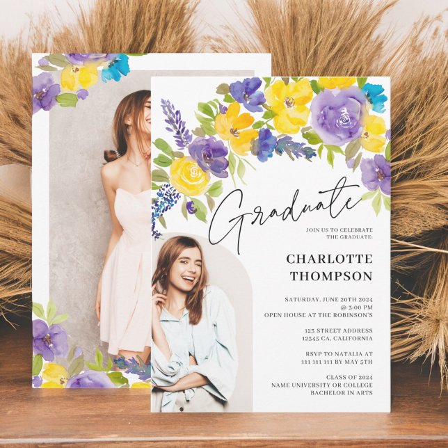 Convite Graduação de fotos florais amarelas boho púrpura (Boho purple yellow floral photo graduation invitation)