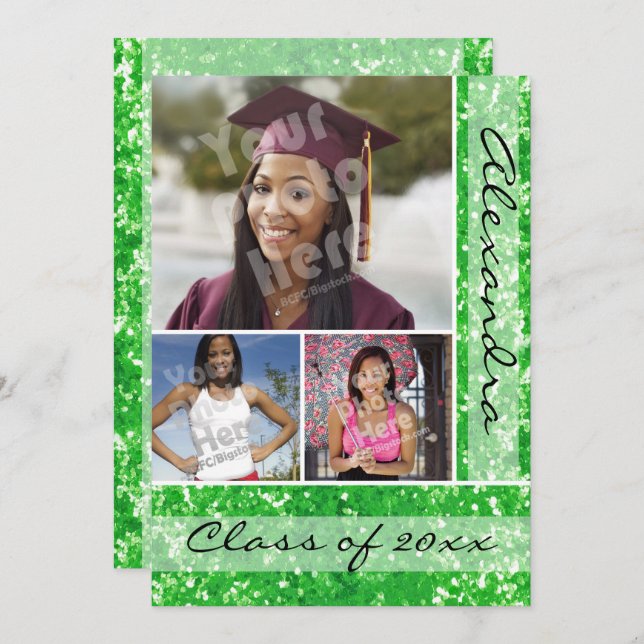 Convite Graduação de Fotos Green Glitter-Look 3 (Frente/Verso)