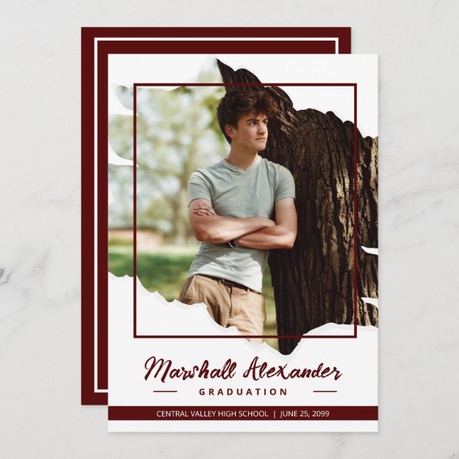 Convite Graduação de Fotos Maroon Edgy Abstrato Torn (Frente/Verso)