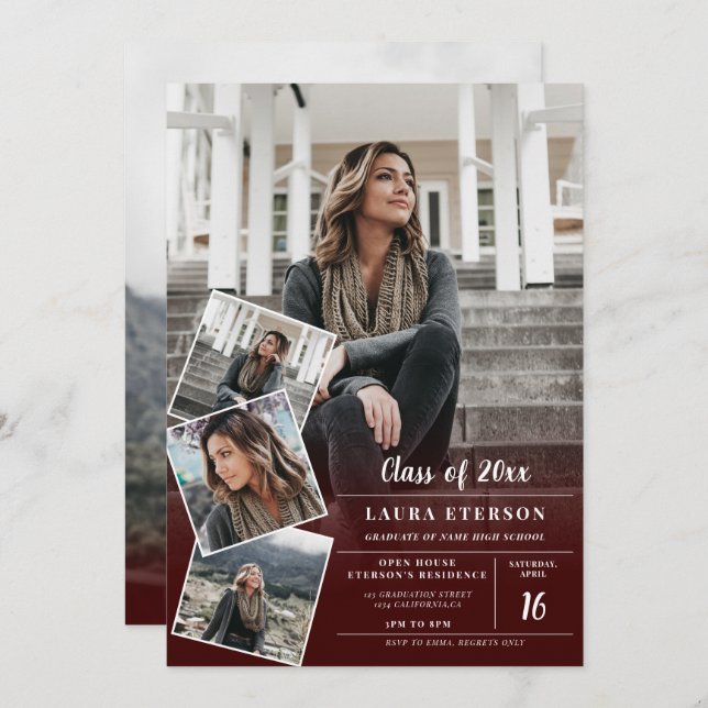 Convite Graduação de fotos minimalista moderna de burgundy (Frente/Verso)