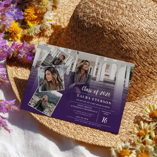 Convite Graduação de fotos minimalista violeta roxa modern (Modern purple violet minimalist photo graduation invitation)