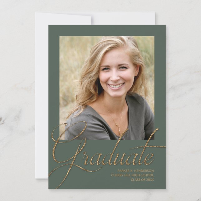 Convite Graduação de Fotos Moderna Verde e Dourada Minimal (Frente)