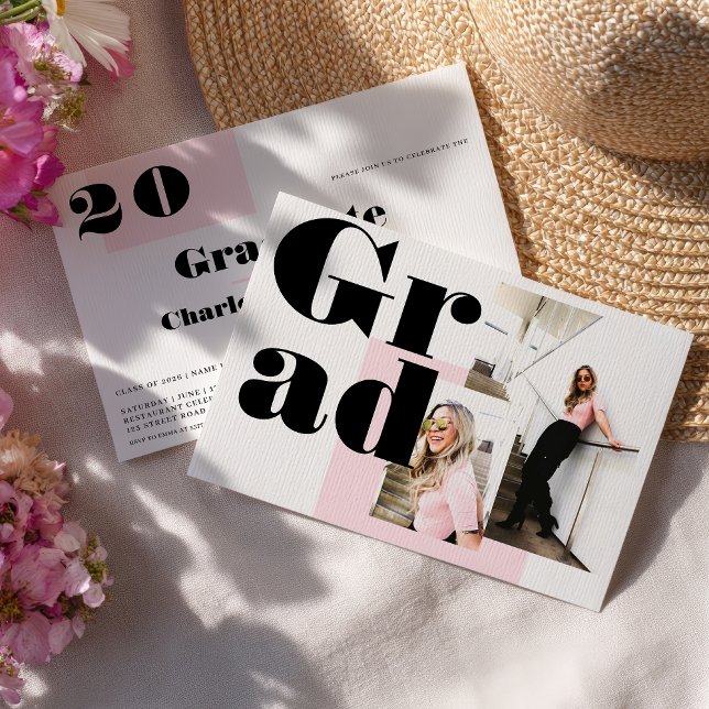 Convite Graduação de fotos rosa 2 minimalista moderna (Modern minimalist pink 2 photos graduation invitation)