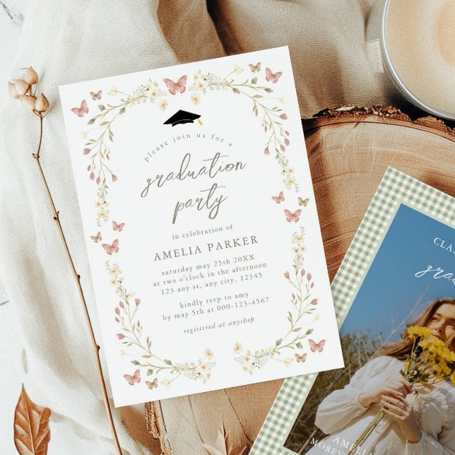 Convite Graduação de Fotos Rosa e Sage da Borboleta de Flo (Criador carregado)
