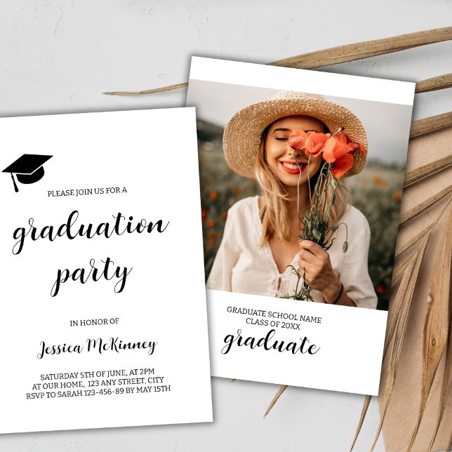 Convite Graduação de Fotos Simples, Preta e Branca (simple photo graduation party invitation black and white graduate cap class of 2024)