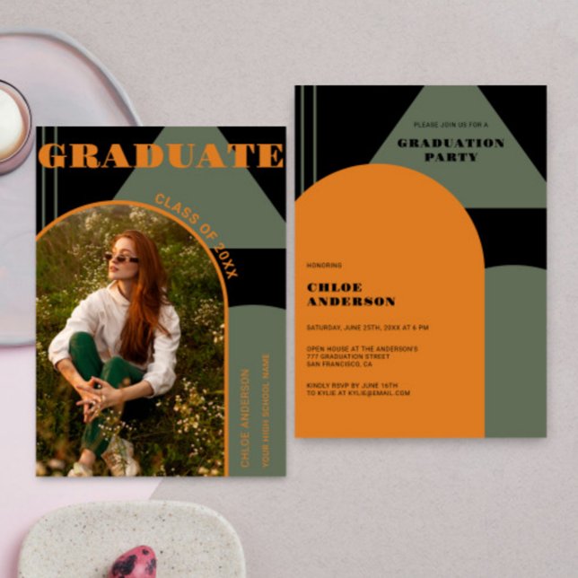 Convite Graduação de Fotos Verde e Laranja na Arca Retroat (Criador carregado)