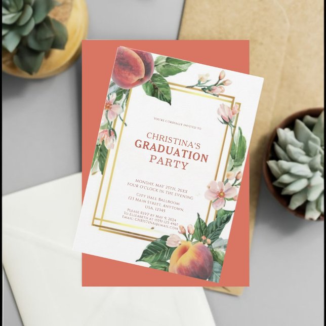 Convite Graduação de Fruta de Pêssego Elegante (Celebrate in style with our elegant floral invites.)