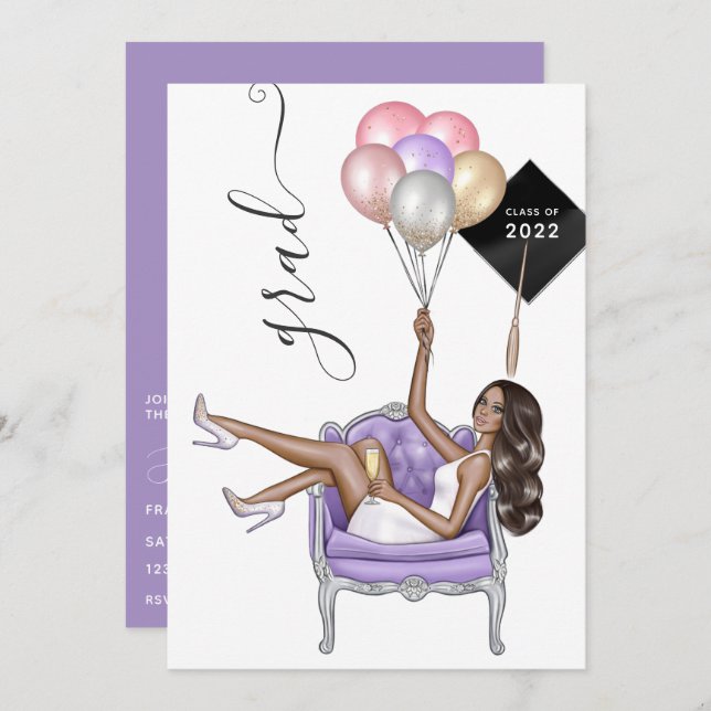Convite Graduação de Garota Americana Negra e Roxa (Frente/Verso)