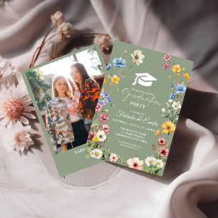 Convite Graduação de Gêmeos do Jardim de Flores Selvagens