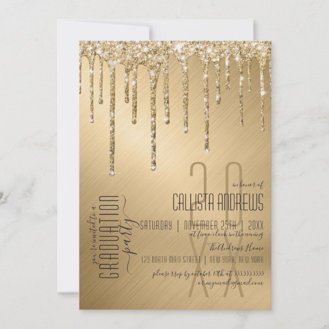 Convite Graduação De Glitter Dourado De Luxo Com Glitter (Frente)