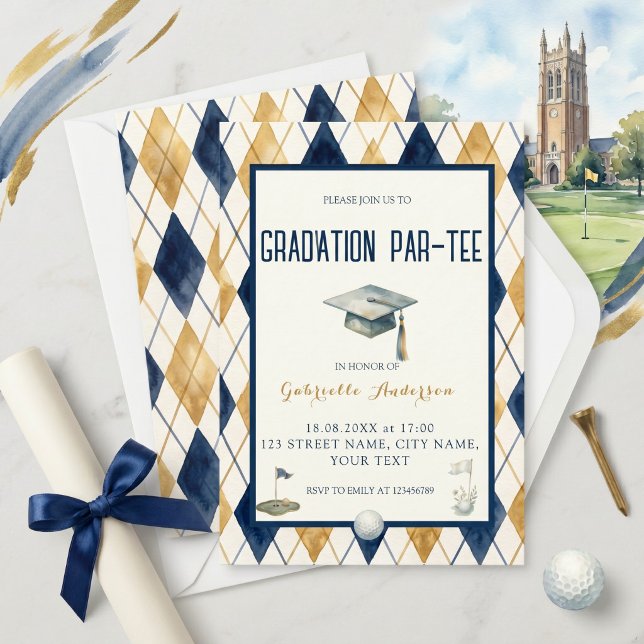 Convite Graduação de Golfe Par-Tee Verde Argyle Aquarela (Criador carregado)