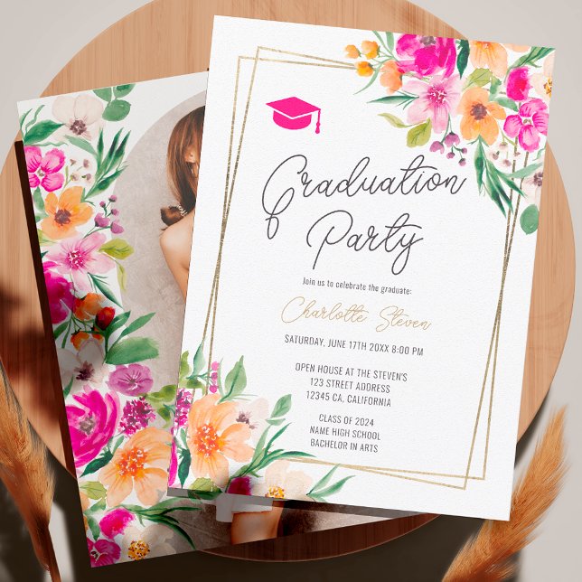 Convite Graduação de guiamento em ouro-chic verde-rosa (Pink floral green chic gold script graduation invitation)