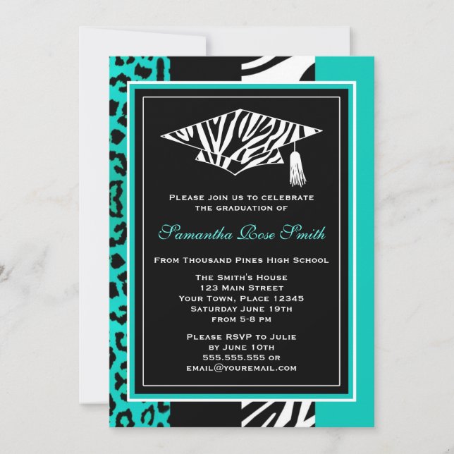 Convite Graduação de Impressão de Azul-Teal Zebra e Leopar (Frente)