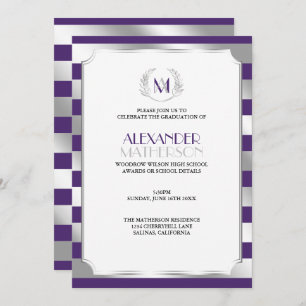 Convite Graduação de Laurel Monogrammed Roxo e Prata
