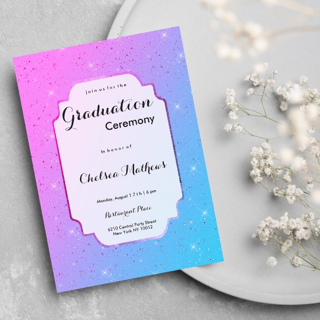 Convite Graduação de luxo com lágrima de lágrima rosa eleg (Elegant pink teal ombre glitter luxury Graduation )