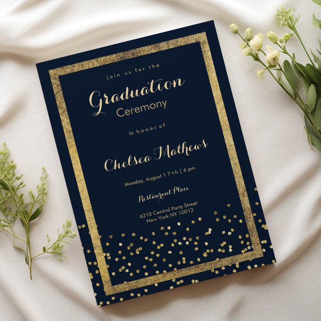 Convite Graduação de marinho azul-dourado esmagador (Elegant lush navy blue gold confetti Graduation )