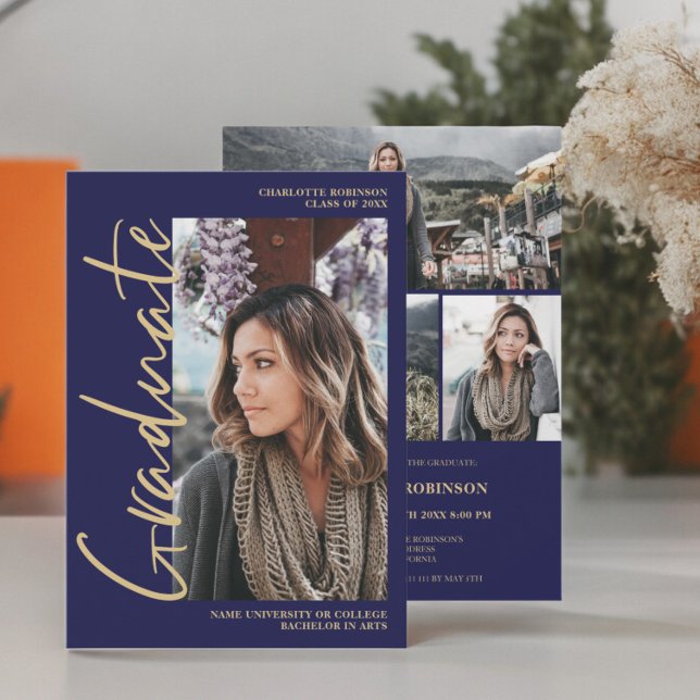 Convite Graduação de marinho em ouro de script (Script navy gold graduate photo graduation Invitation)