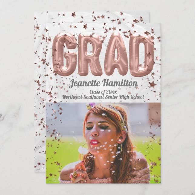 Convite Graduação de Meninas de Confetti Rosa-Rosa, Balões (Frente/Verso)