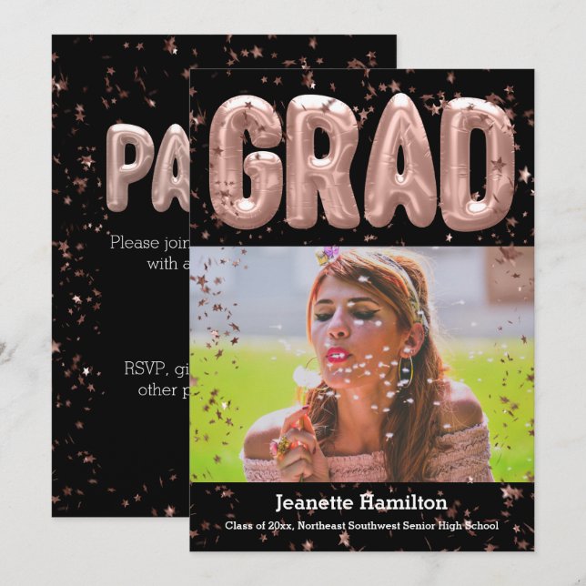 Convite Graduação de Meninas de Confetti Rosa-Rosa, Balões (Frente/Verso)