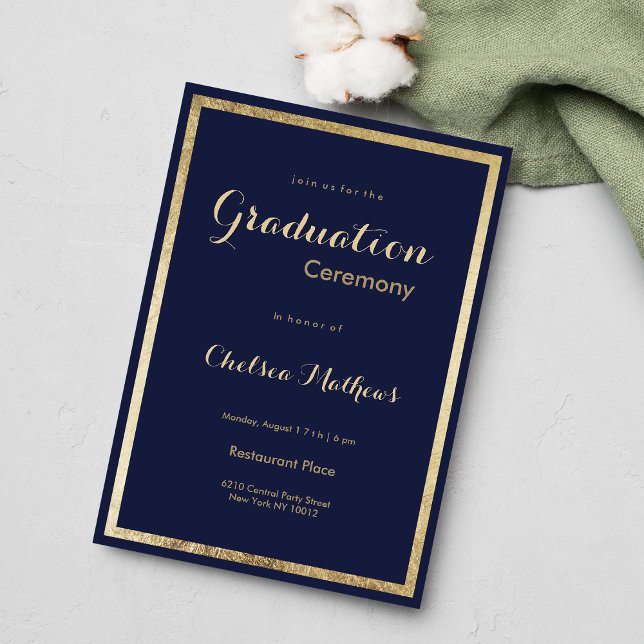 Convite Graduação de ouro azul-azul-marinho Elegante (Elegant stylish navy blue faux gold Graduation Invitation )