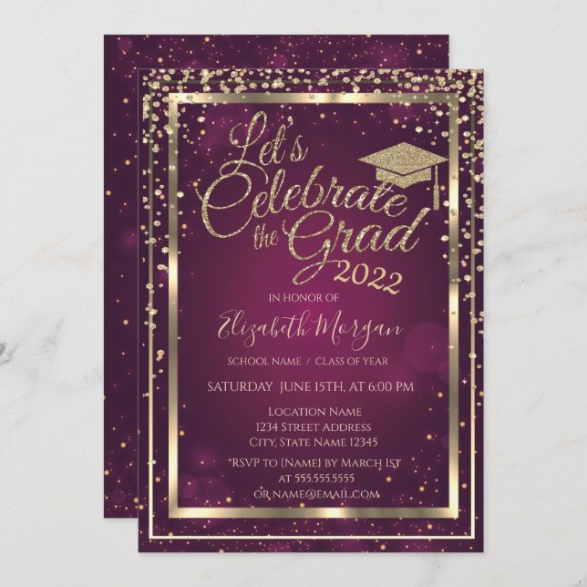 Convite Graduação de Ouros de Boné de formatura Brilhante (Frente/Verso)