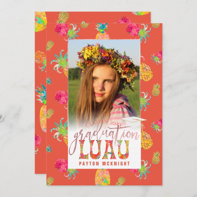 Convite Graduação de PixDezines Aloha Pineanases Luau (Frente/Verso)