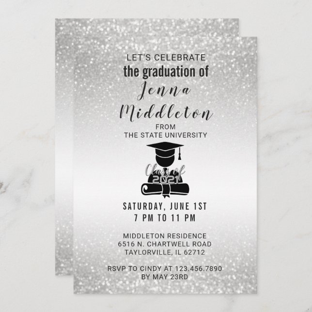 Convite Graduação de prata do brilho (Frente/Verso)