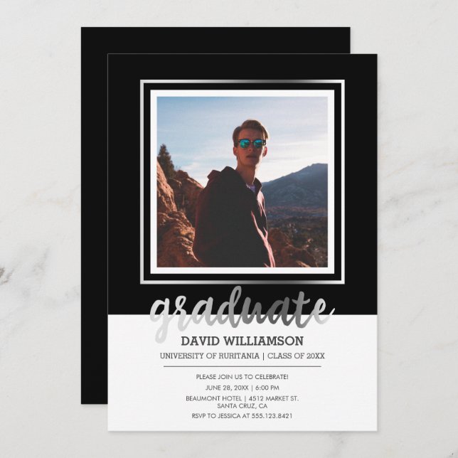 Convite Graduação de prata & preta do quadro da foto do (Frente/Verso)