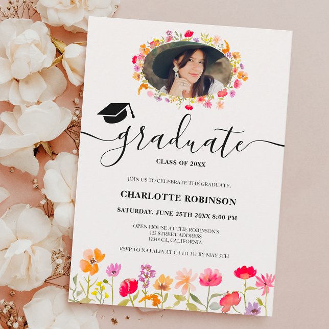 Convite Graduação de primavera floral de flores silvestres (Boho wildflowers spring floral photo graduation invitation)