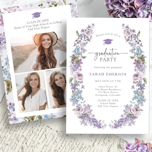 Convite Graduação de primavera Wildflower (Spring Wildflower Graduation Invitation Pictures on back by Painted Paperie
)