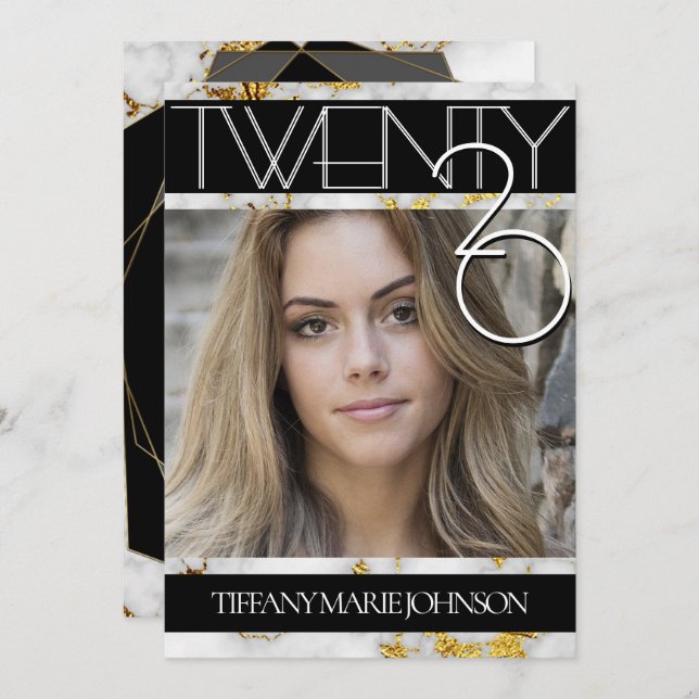 Convite Graduação de quadros da FOTO Dourada Marble MODERN (Frente/Verso)