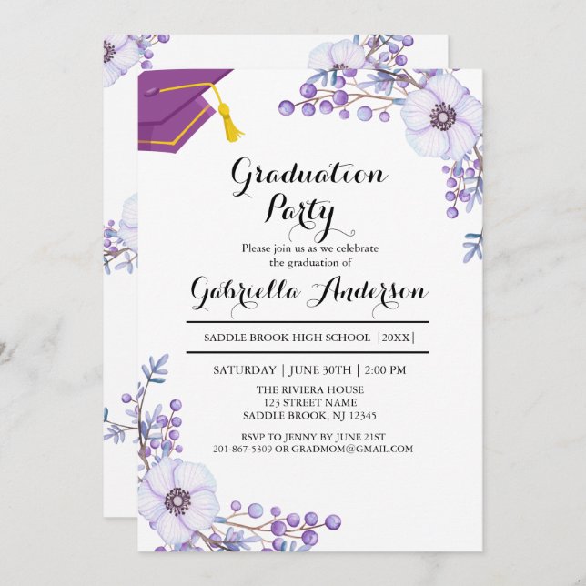 Convite Graduação de Queimaduras Florais de Primavera Purp (Frente/Verso)