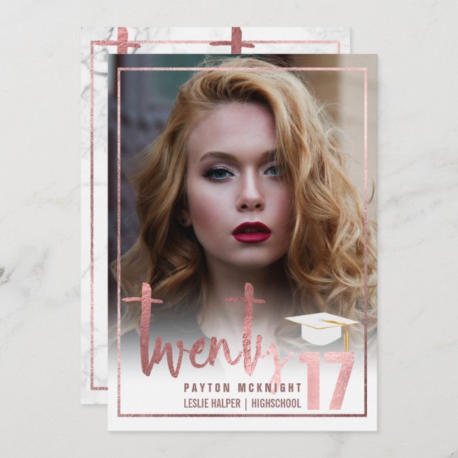 Convite Graduação de Rosa Dourado/Marble PixDezines (Frente/Verso)