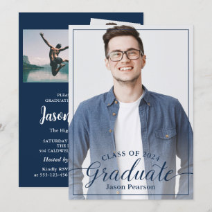 Convite Graduação de Script Azul com Marinho de Foto Mod