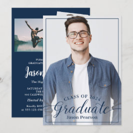 Convite Graduação de Script Azul com Marinho de Foto Moder