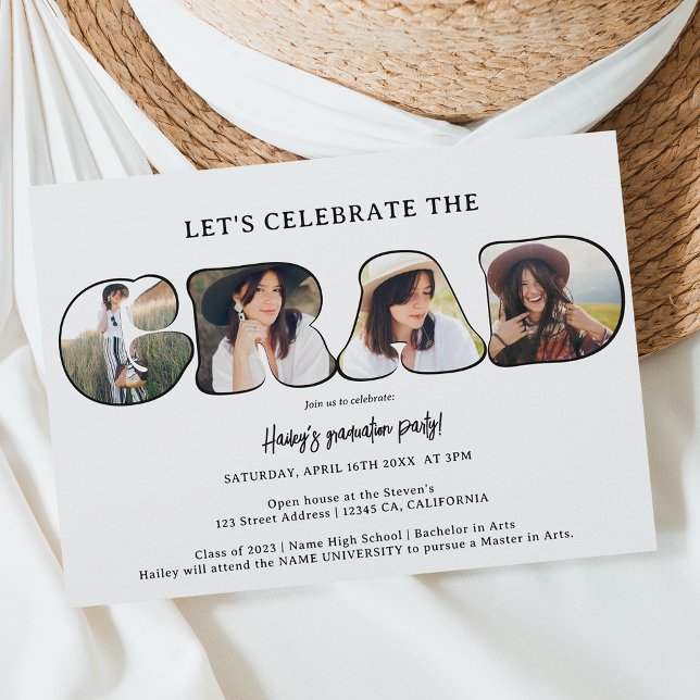 Convite Graduação de script de 3 fotos preto simples e bra (Criador carregado)