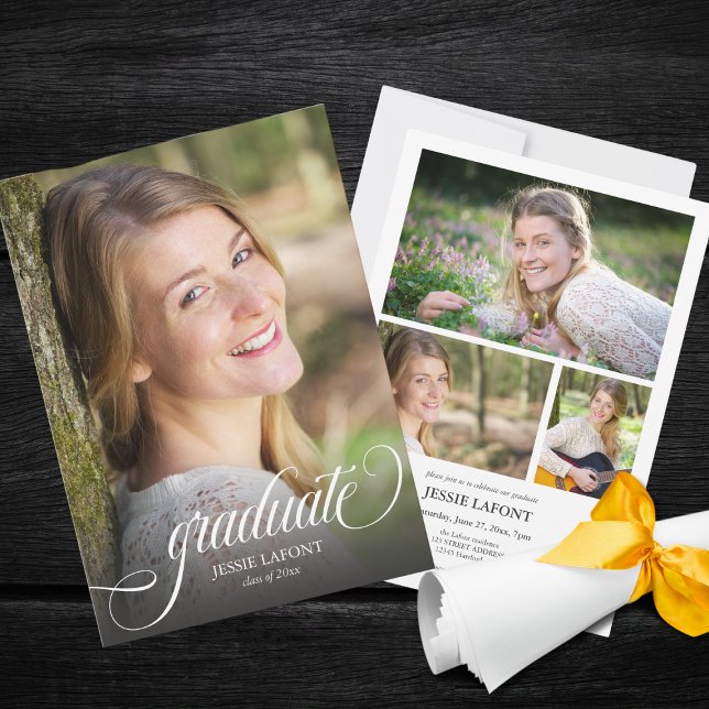 Convite Graduação de Script de Caligrafia Elegante 4 (Elegant 4 custom photo script callligraphy college graduation invitation )