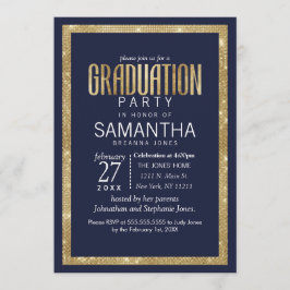 Convite Graduação de Sequência Dourada Azul de Marinho Mod