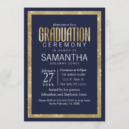 Convite Graduação de Sequência Dourada Azul de Marinho Mod