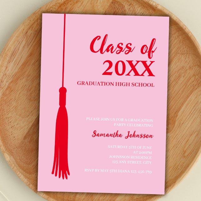 Convite Graduação de Tassel Formando 2025, Vermelho e Rosa (graduation party invitation class of 2024 feminine minimalist bold red and pink grad tassel)