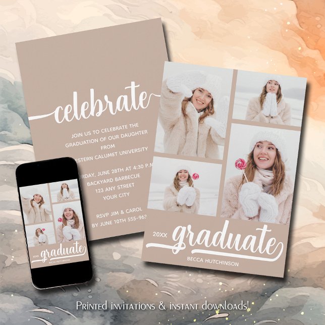 Convite Graduação de Taupe de Colagem de Fotos Moderna 4 (Modern 4 photo collage taupe-beige graduation party invitations)