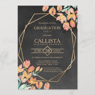 Convite Graduação de Terrário Floral Negro Dourado Laranja