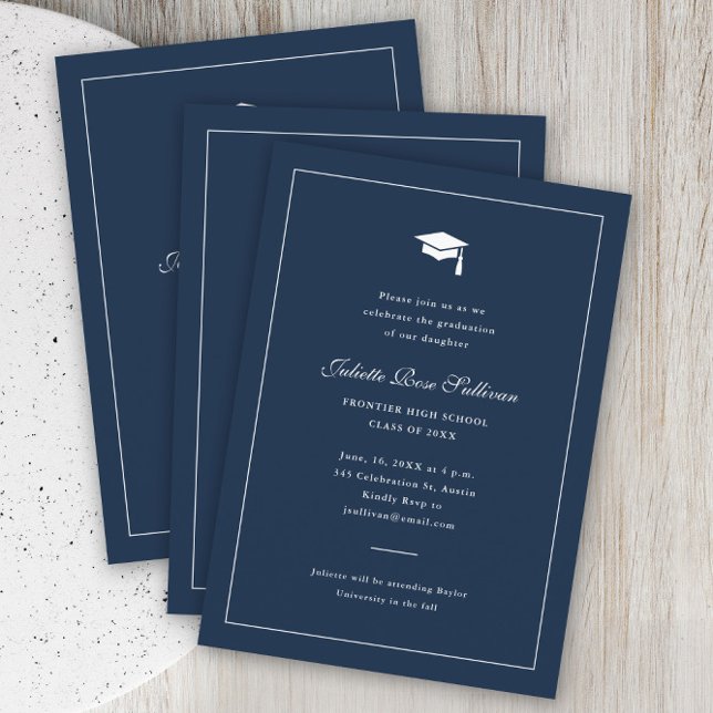 Convite Graduação de Tipografia Simples (Elegant navy blue simple type graduation party invitation.)