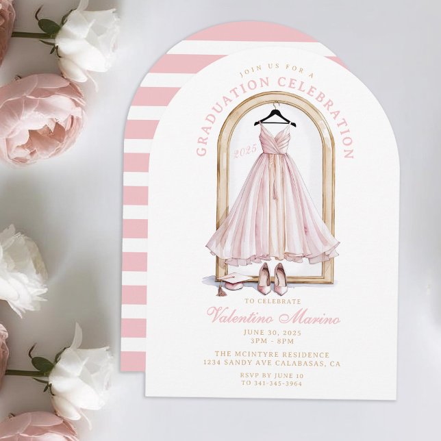 Convite Graduação de vestir rosa elegante e branco (Elegant Pink Dress and Graduation Cap with heels. Elegant Pink Graduation Invitation)