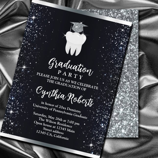 Convite Graduação dentária Elegante Black Silver Sparkle (Elegant Black Silver Sparkle Dental Graduation Invitation. A chic black background, #silver)