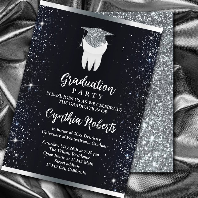 Convite Graduação dentária Elegante Black Silver Sparkle (Elegant Black Silver Sparkle Dental Graduation Invitation. #graduationparty #zazzlemade #orthodontia)
