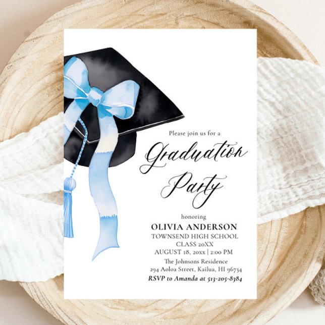 Convite Graduação do Boné de formatura Azul Elegante moder (Watercolor Modern Elegant Trendy Stylish Blue Bow Graduation Invitation)