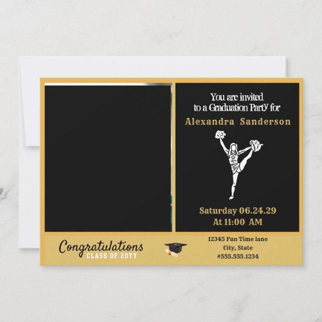Convite Graduação do cheerleader Preto e Dourado (Frente)
