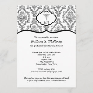Convite Graduação do enfermeiro Black Damask Clássico R